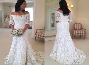 2019 Vintage Bohemian A Line Beach Wedding Dresses Off The Shoulder Full Lace Half Long Sleeves Country Style Bridal Gowns Cheap5691758