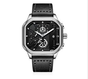 Nektom Brand Hollow Out Mens Watches Tackated Quartz Watch Высококачественные кожаные ремешки светящегося квадратного циферблата. Пропорциональные наручные часы5174634