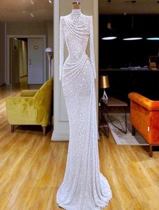 Vit glitter paljetterade sjöjungfru aftonklänningar hög nacke ruched vestidos de fiesta anpassad gjord långärmad prom klänning formal4042116