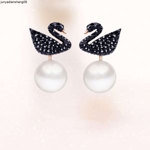Swarovski silver needle advanced sense black swan tassel pearl earrings female crystal back hanging
