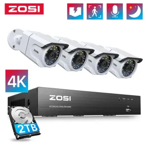 System Zosi 4K 8ch Poe Video Surveillance System H.265+ NVR Kit med 2TB HDD IP67 Väderbeständig utomhussäkerhetskamera System