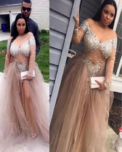 Champagne Crystal Beaded Long Sleeve Evening Formal Dresses Sheer Neck Plus Size Off Shoulder Full length Occasion Prom Gowns2116760