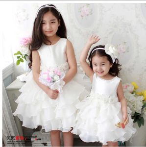 Elbiseler Prenses Beyaz Mücevher Boyun Çiçek Kız Elbiseler Ruffles Aline Satin ve Organza Ucuz Kız Elbise Düğün Partisi için Flowe ile