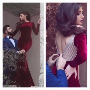 Dresses Burgundy Velvet Evening Dresses Mermaid 2019 Prom Dress Formal Gowns vestidos de noiva Long Sleeve Arabic Dubai Cheap Open Back Lo