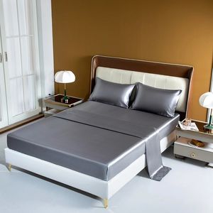 Satin Bedding Sheet Set Solid Color Fitted Single Double King Size Bed Luxury Rayon Flat 240325