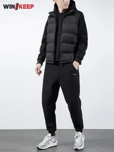 Running Sets Autumn Winter Black Tracksuit Mens Pullover Hoodie Stand Collar Vest Drawstring Pants Sports Three Piece Set Male
