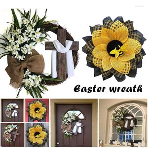 Dekorativa blommor 1 st påskkrans med korsburlap båge rustik vinrankfjäder dekorera diy främre dörr dekoration