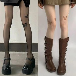 Mulheres meias meias de seda borboleta impressão anti-enganche o fio de telha ultrafina tatuagem transparente tatuagem Cosplay