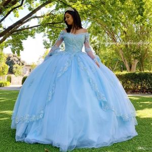 فساتين السماء الزرقاء الدانتيل quinceanera فساتين حفلة موسيقية vneck طويلة الأكمام الكرة ثوب tulle party sweet 16 فستان