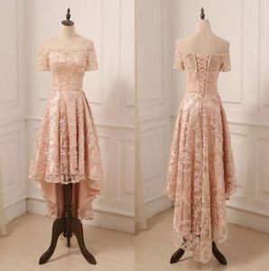 Rose Gold Lace Prom Dress High Low Off Shoulder med ärmarna 2022 Lace Up Back Designer Billiga kväll Formella klänningar NY6981854