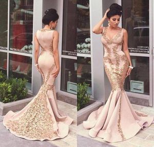 2018 Gorgeous Mermaid Long Evening Dresses Gold Lace Applique Prom Dresses Saudi Arabic Elegant Style Party Gowns6184424