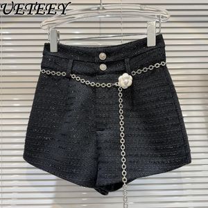 Shorts femminile 2024 Spring Flower Metal Waist Tweed for Women Fashion Elegant Black Wool Wool Short Pantaloni