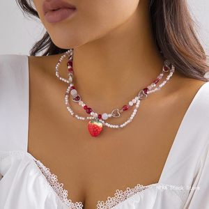 Hänge halsband Kpop Sweet Imitation-Pearl Chain Strawberry Necklace For Women Wed Bridal Love Heart Choker Estetiska smycken