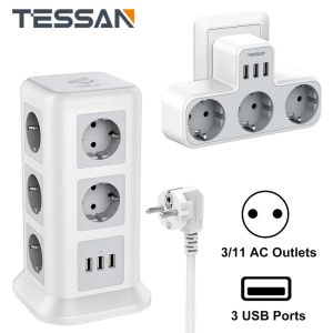 Utrustning Tessan 11way Sockets Tower Power Strip, flera uttag med 3 USB -portar på/av -brytare EU -uttag Power Strip för hemmet, 2m