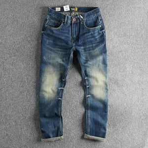 Mäns jeans nödställda denim för män 93% bomull amerikansk vår vintage vit tvättade byxor ungdom han hajuku fit raka byxor