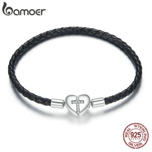 Bangles bamoer Silver Black Cross Bracelet 925 Sterling Silver Basic Leather Chain Bracelets for Women Engagement Jewelry Gift SCB205