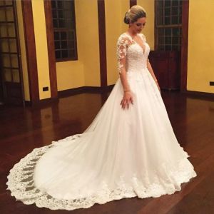 Abiti vintage più taglia abiti da sposa con perline di perle per applicazioni russe tulle a maniche lunghe principi applique bridal