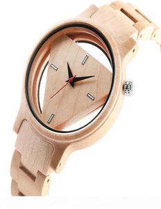 Träklockor män kreativa ihåliga triangel enkel bambu trärist runda dial klocka kvarts analog klocka gåva reloj para hombre6620703