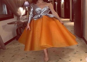 2017 Short Ball Gown Prom Dresses with One Shoulder Long Sleeves Tea Length Multicolors Party Satin Organza Cheap Evening Gowns7810204