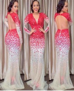 Gorgeous Red Backless Full Rhinestone Evening Dresses Long Sleeves Sheer Sexy Party Gowns V neck Crystal Pageant Prom Gowns6324324