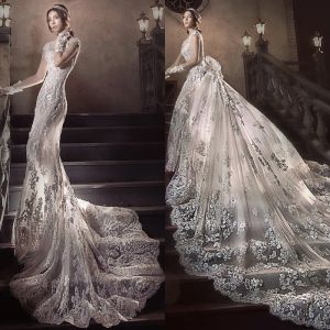 Dresses 2.5 Meters Long Tail Wedding Dress Gorgeous Fashion Detachable Train Beach Wedding Dress Luxury Crystal Beaded Applique Mermaid We