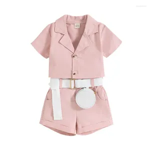 Clothing Sets 1-5Y Summer Girls And Children Korean Style Casual Shirt Tops Shorts With Waist Bag Suit Kids Clothes