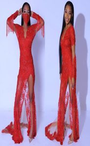 Elegancka arabska czerwona czysta koronkowe sukienki na bal mat