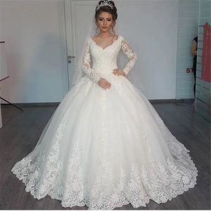 Abiti da sposa abito da sposa abiti da sposa abito da ballo 2019 in pizzo gonfio applique perline a maniche lunghe vestido de noiva