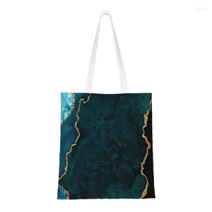 Shoppingväskor turkos och guld agat skiv väska kvinnor canvas axel tote portable aquamarine geode livsmedelsbutiker shoppare