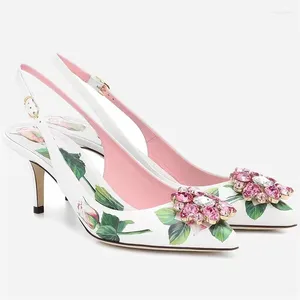 Kleiderschuhe süße Rosenlederkristall -Edelstein -Blütenpumpen Blumenhochschuh spitzer Zehen Sommer Slingbacks Sandalien Hochzeit