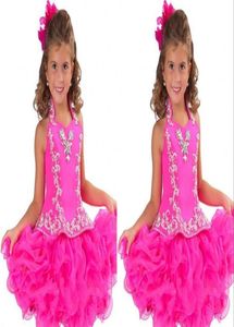 Sweet Pink High Neck Girls Pageant -klänningar med pärlor med kristaller Tiered Children Birthday Wedding Party Gowns Teenage Princess Todd1626889