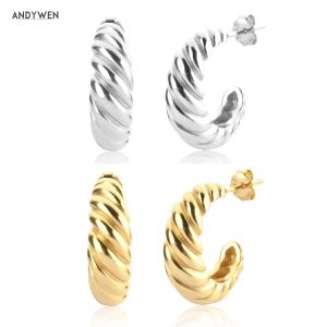 Ringar Andywen 925 Sterling Silver Gold Antique Hoops Twist Hoops stora kvinnor Piercing Hoops Earring Piercing Luxury Smyckeklipp