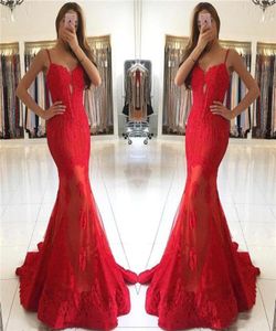 2018 Red Sexy Spaghetti Straps spetsapplikationer sjöjungfru aftonklänningar golvlängd formell tyll prom party klänningar modebanan dr7119346