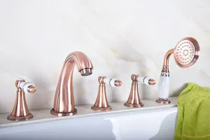 Bathroom Sink Faucets Antique Red Copper Brass Widespread 5 Hole Roman Tub Bath Faucet With Telephone Style Hand Held Shower Head Atf193