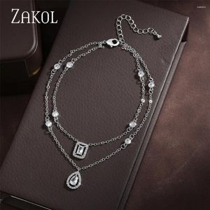 anklets Zakol Exquisite Cubic Zirconia Pendant Anklet for Women Elegant Sliver Color Wedding Party Dress Jewelry