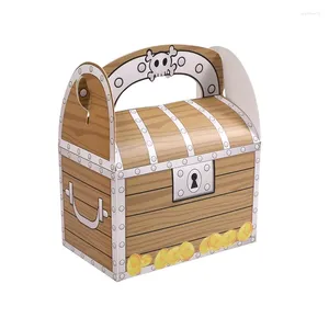 Presentförpackning Portable Treasure Shape Box Pirate Party Favor Decor Papperslådor Guldmynt Wood Folding Cookie Candy Packaging Carton