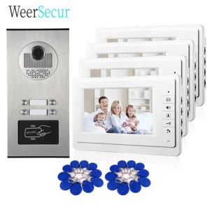 Intercom Wired 7" Screen Video Intercom Door Phone System White Monitors RFID Access Doorbell Camera for 2 3 4 Apartment Family Free Ship