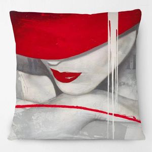 Pillow Hand Painting Glamorous Lady Girl With Red Lips Hat Print Cover Home Decorative Sofa Throw Case