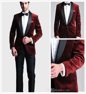 Burgundy Velvet Slim Fit 2016 Groom Tuxedos Wedding Suits Custom Magemenmen Man Prom Suits Black Pants JacketPantsBow3739252