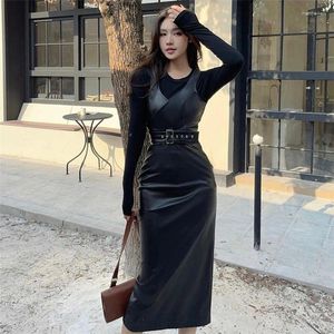 Work Dresses Women Three-piece Temperament Skirt Round Neck Long-sleeved Bottoming Shirt Cross Vest Slim Commuter High Street