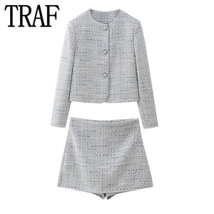 TRAF Cropped Tweed Jacket Women Spring Vintage Short Woman Long Sleeve Elegant Womens Jackets In Outerwears 240401
