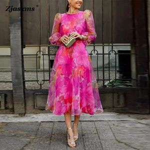 Autumn Women Evening Dress Elegant Female Casual Gaze Floral Printed Spring Lady O Neck 34 Puff Sleeve Swing Party 240401