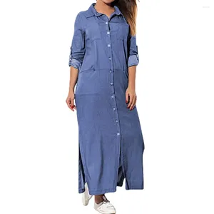 Casual Dresses Women's Pockets Loose Swing T-Shirt Dress Long Sleeve Denim Solid