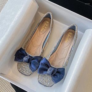 Casual Shoes Square Toe Chiffon Lace Bowtie Women Flats Crystal Beading Moccasins Gradient PLEATED SILK LOAFERS Kvinnlig båge Big Size 43
