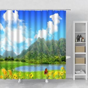 Shower Curtains Mountain Water Nature Landscape Print Curtain Set Fabric Yellow Flower And Butterfly Scenery Bath Home Decor Hook