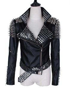 Jaqueta de couro feminino rebites punk cravejou jaquetas de couro cravadas 2017 mola clássica heavy metal rivets9787504