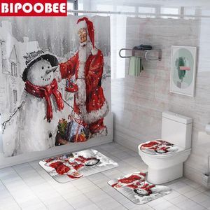 Duschgardiner Santa Snowman 3D gardin god jul badrum uppsättningar snöflinga toalett täckmatta non slip matta set heminredning