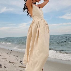 Sexy Women Cotton Linen Backless Beach Dress Summer Casual Solid Swing Vocation Dress Female Simple Suspender Long Dress 240319