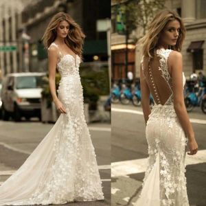 Dresses Berta Sheer Mesh Top Lace Mermaid Wedding Dresses Tulle Applique 3D Floral Wedding Bridal Gowns With Buttons BA9306