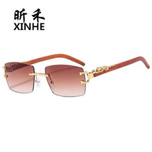 2024 Top designers New luxury designer Fashionable frameless cut edge ocean piece personalized leopard cardi glasses men's and women's wood grain sunglasses